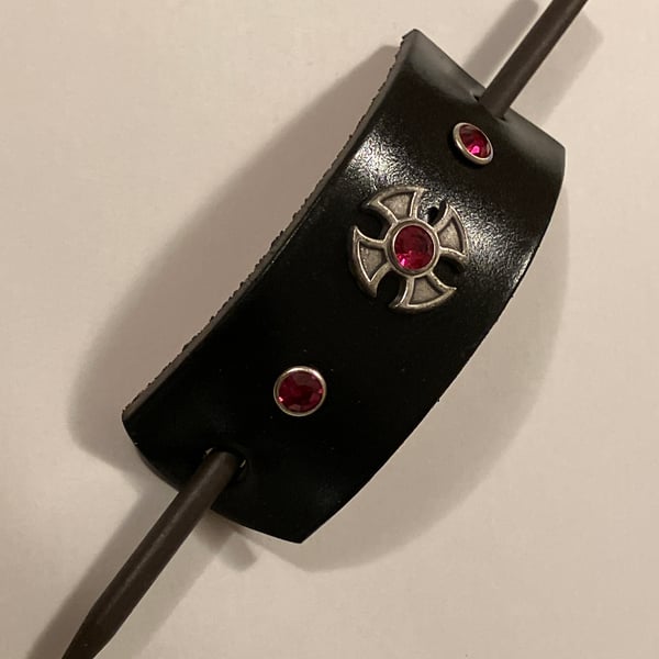 Dyed Black Leather HairStick Barrette W Iron Cross Centre & light Red Gems