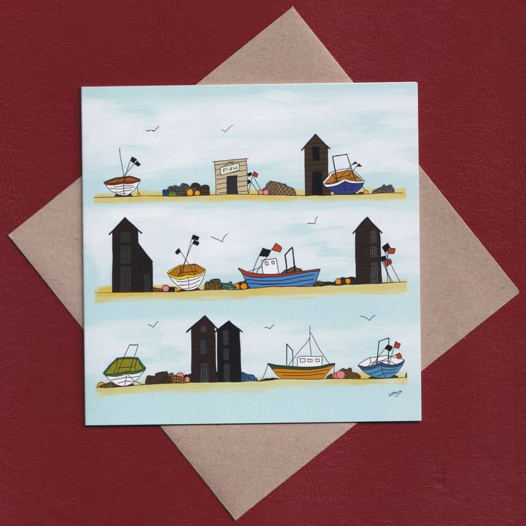 Greetings card - blank inside - fishing huts and boats 