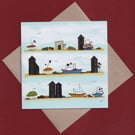 Greetings card - blank inside - fishing huts and boats 