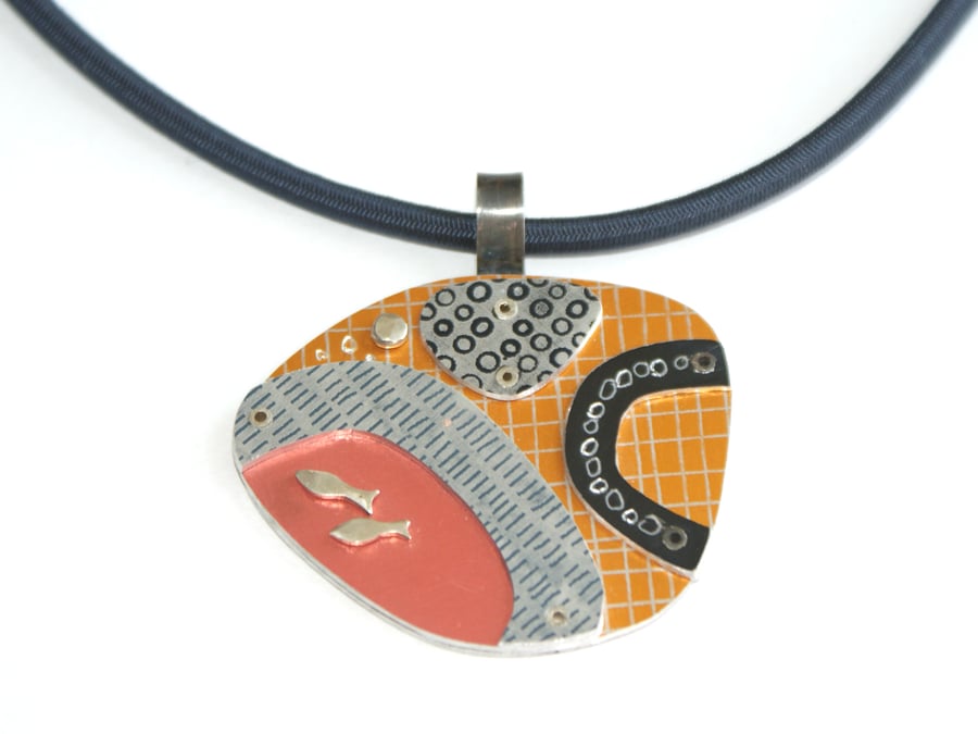 SALE Abstract pebble necklace pink, navy and yellow