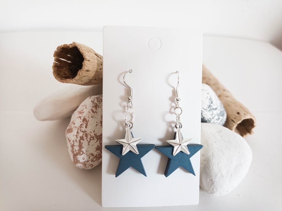 Grey Wooden Star and Silver Star Dangle Earrings