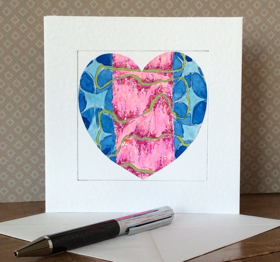 Pink and blue patterned love heart Art Card. 
