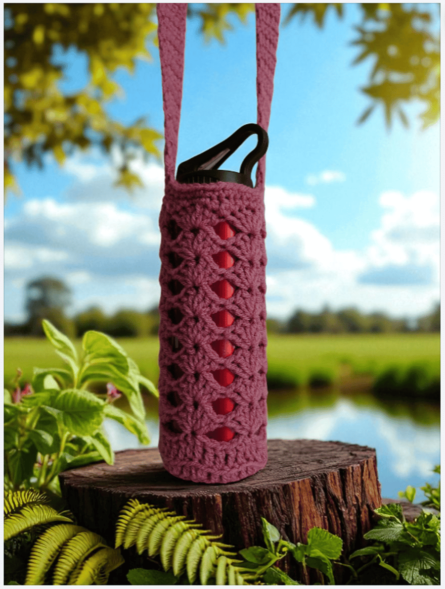 Hand Crochet Water Bottle Holder Crossbody Water Bottle Carrier - Rose Pink