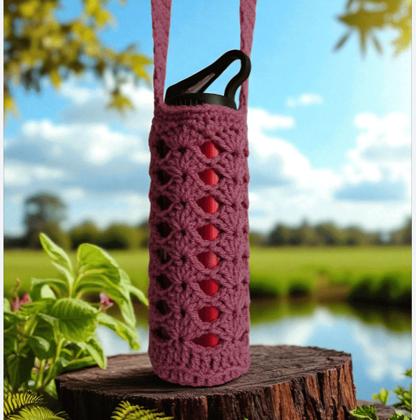 Hand Crochet Water Bottle Holder Crossbody Water Bottle Carrier - Rose Pink
