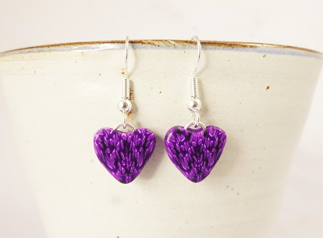 Dark Purple Heart Earrings, Patterned Heart Drop Earring, Gift For Women