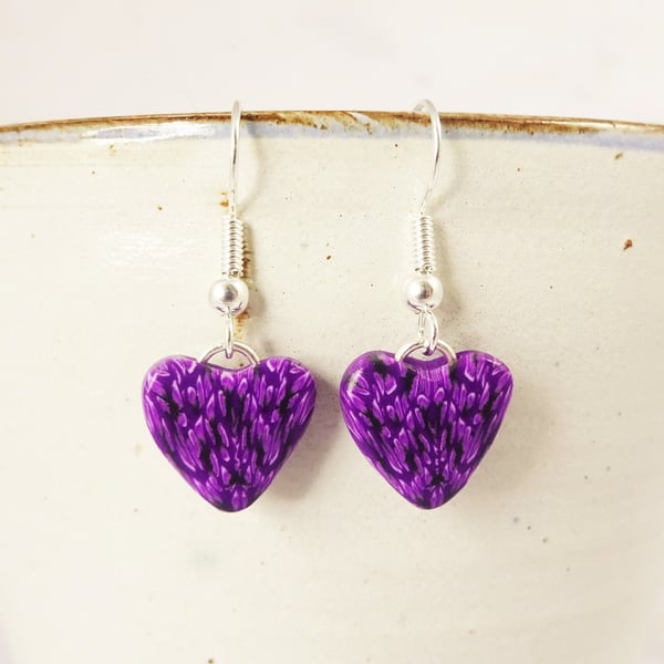 Dark Purple Heart Earrings, Patterned Heart Drop Earring, Gift For Women
