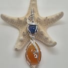 Peach Aventurine wire wrapped pendant in silver with purple resin accent
