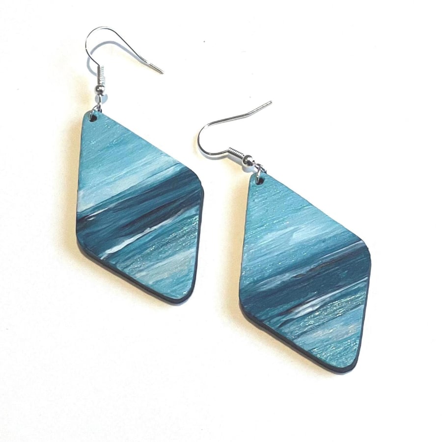 Sea Earrings, Ocean, Hand painted Gifts, Blue, Coastal Gifts, Art on Wood