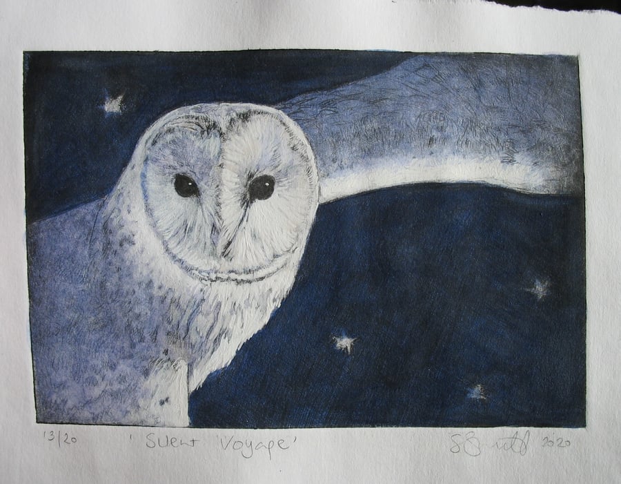 Beautiful barn owl limited edition etching 'Silent Voyage'