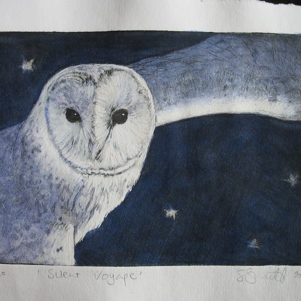 Beautiful barn owl limited edition etching 'Silent Voyage'