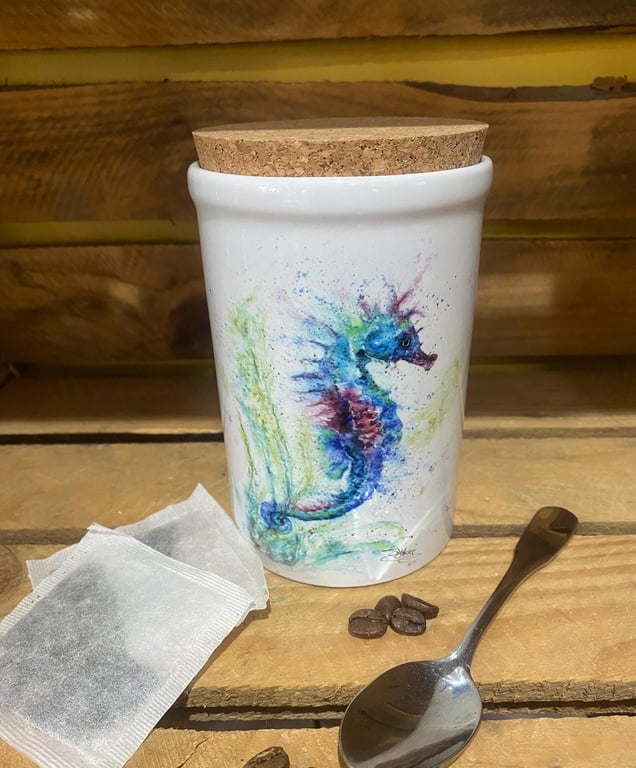 Seahorse Watercolour Art on a Ceramic Storage Jar with Cork Lid, 