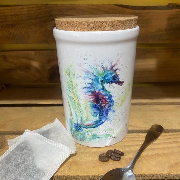 Seahorse Watercolour Art on a Ceramic Storage Jar with Cork Lid, 