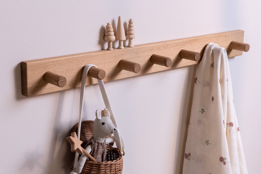 Kids bedroom peg rail coat rack, Solid Oak, Wooden peg rail.