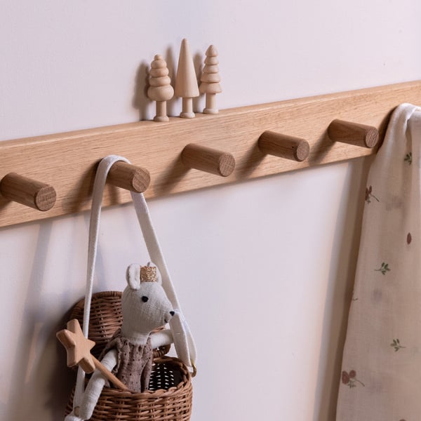 Kids bedroom peg rail coat rack, Solid Oak, Wooden peg rail.
