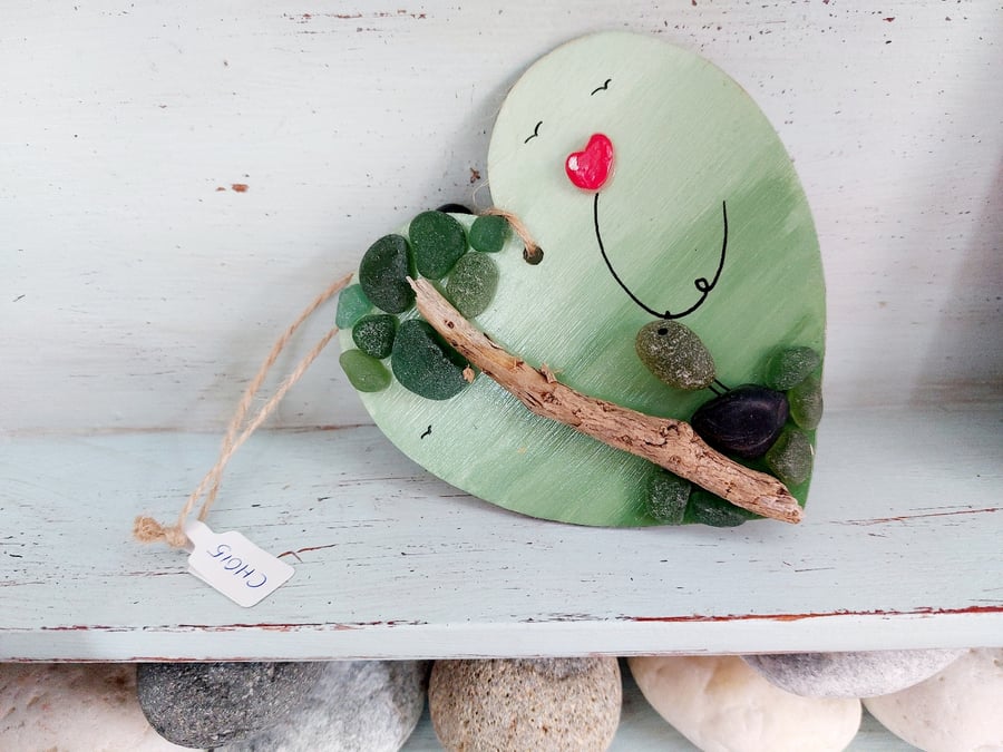 SALE - 10cm Painted Heart, Forest, Sea Glass, Bird, Heart, Hanging Decoration