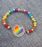 LGBT Rainbow Heart Bracelet, Needle Felted on Upcycled Denim with rainbow beads