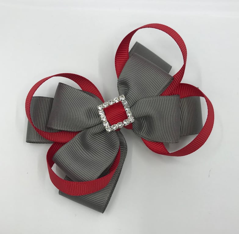 School Grey Double Layer Bow with Red Loops on Clip