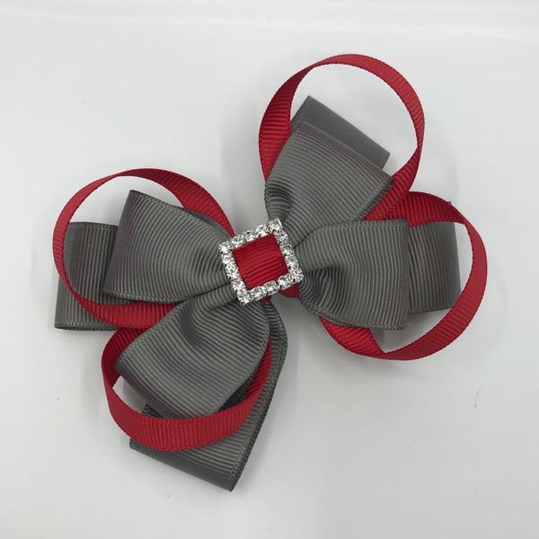 School Grey Double Layer Bow with Red Loops on Clip