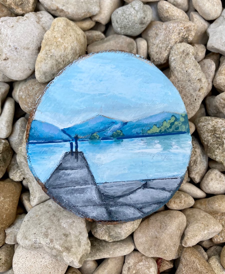 Lake Windermere Acrylic Painting On Wood Slice 