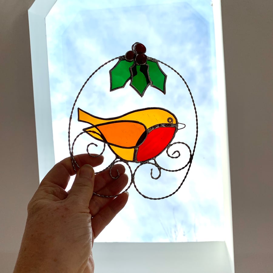 Stained Glass Robin and Holly Suncatcher - Handmade Window Decoration