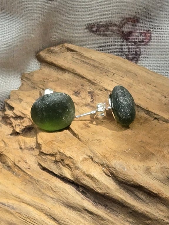 Sea glass earrings, dark green earrings, green stud earrings