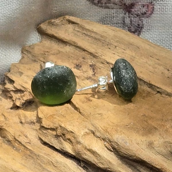 Sea glass earrings, dark green earrings, green stud earrings