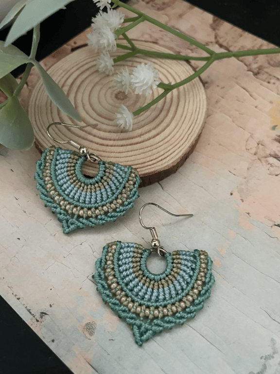 Earrings, Boho dangle hoop macrame beaded woven macrame fan shape earrings