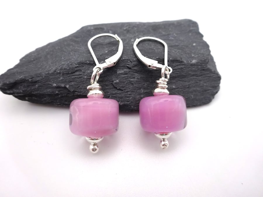 pink lampwork glass earrings, sterling silver lever back jewellery