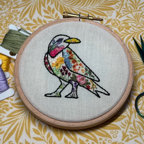 'Bloomin' Crow' - Hand Embroidered Hoop Art