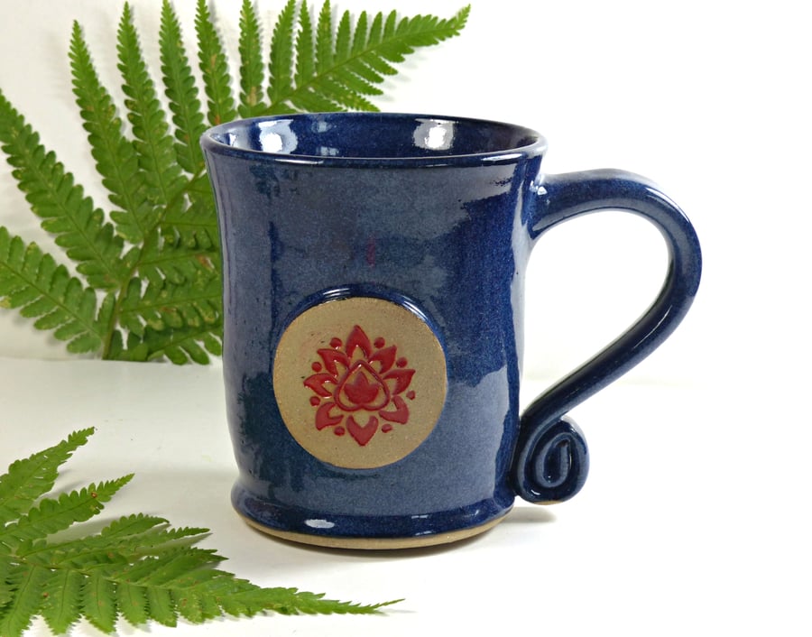 Red Lotus Flower -  Blue Mug,  Ceramic Pottery Stoneware UK Wheelthrown 