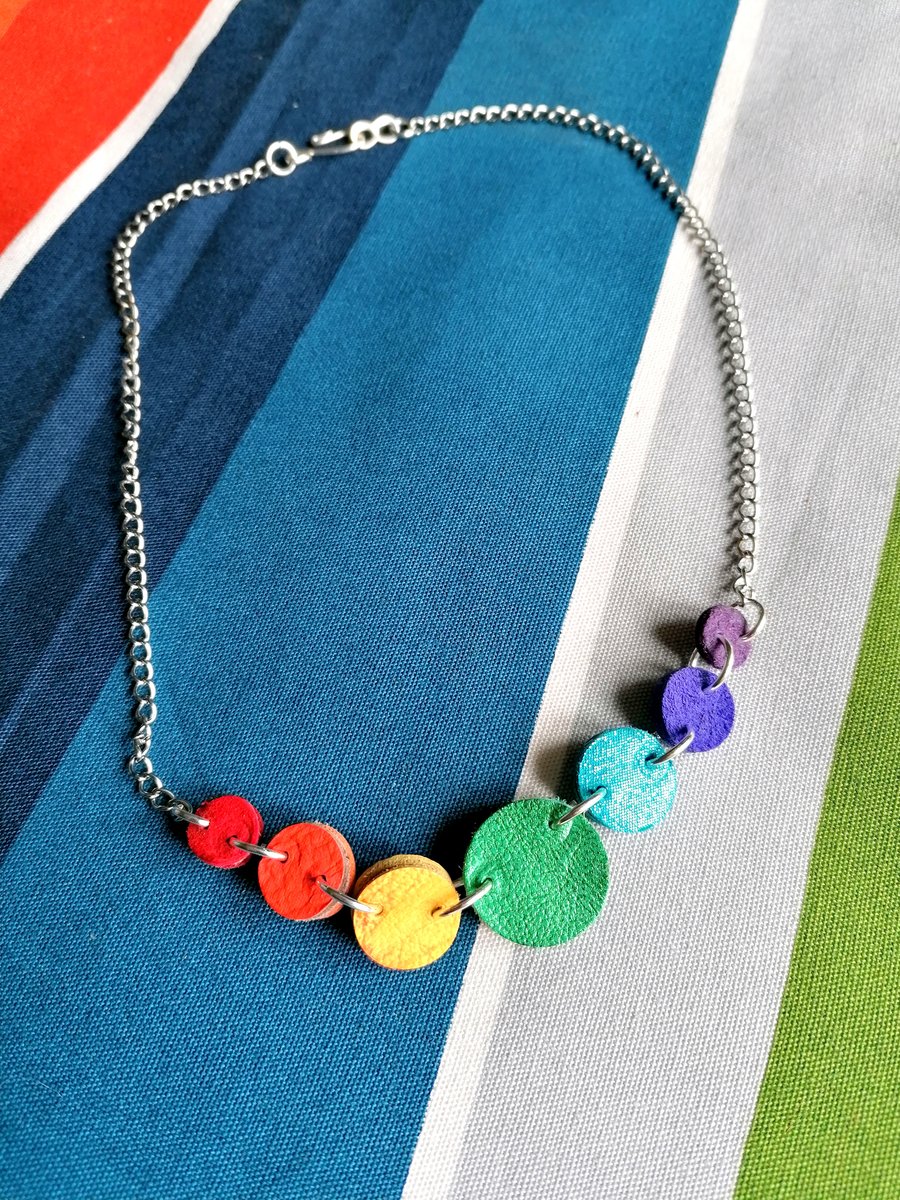 Upcycled Leather Rainbow Necklace, Colourful Gift, Double Sided