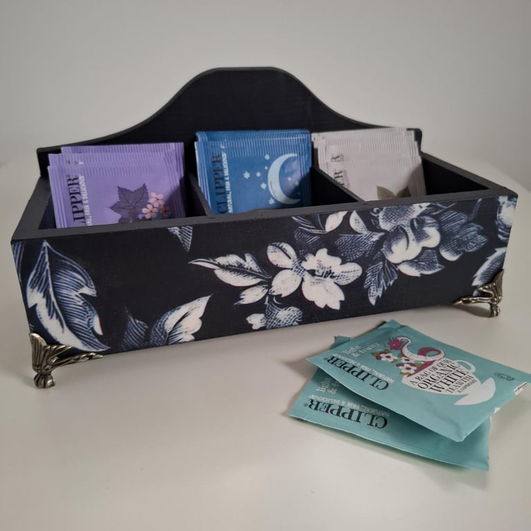 Navy Floral Wooden Tea Caddy, 3 Compartment Decoupaged Box