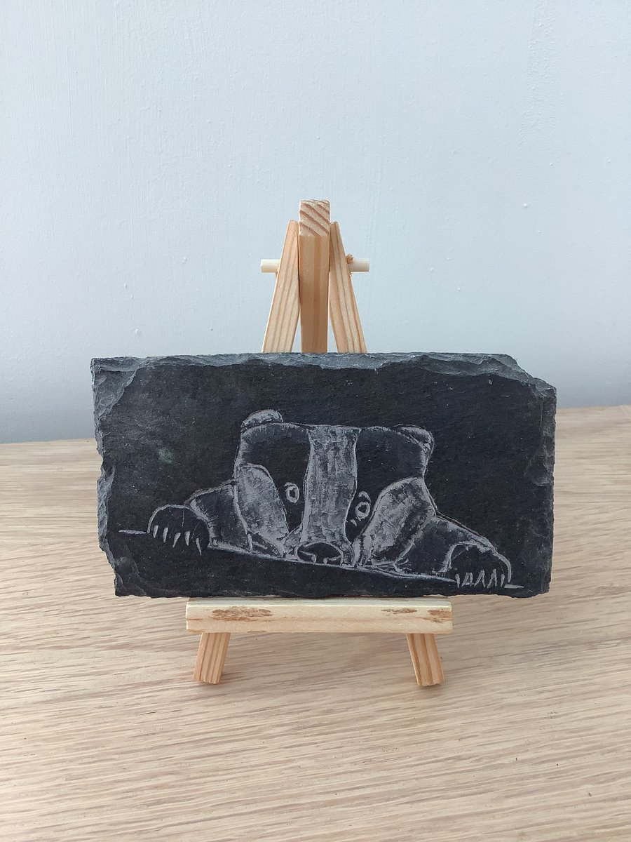 Badger wildlife picture - original art hand carved on slate