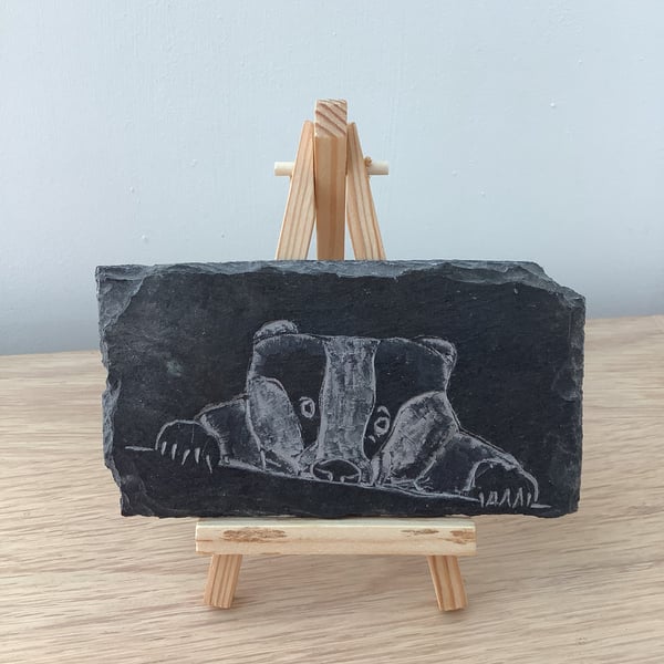 Badger wildlife picture - original art hand carved on slate