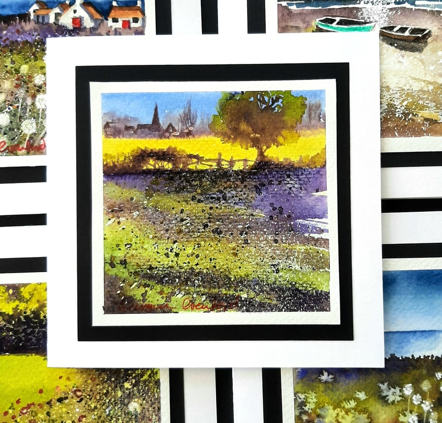 Blank Greetings Card Handpainted Watercolour Of Distant Village. Notelet.