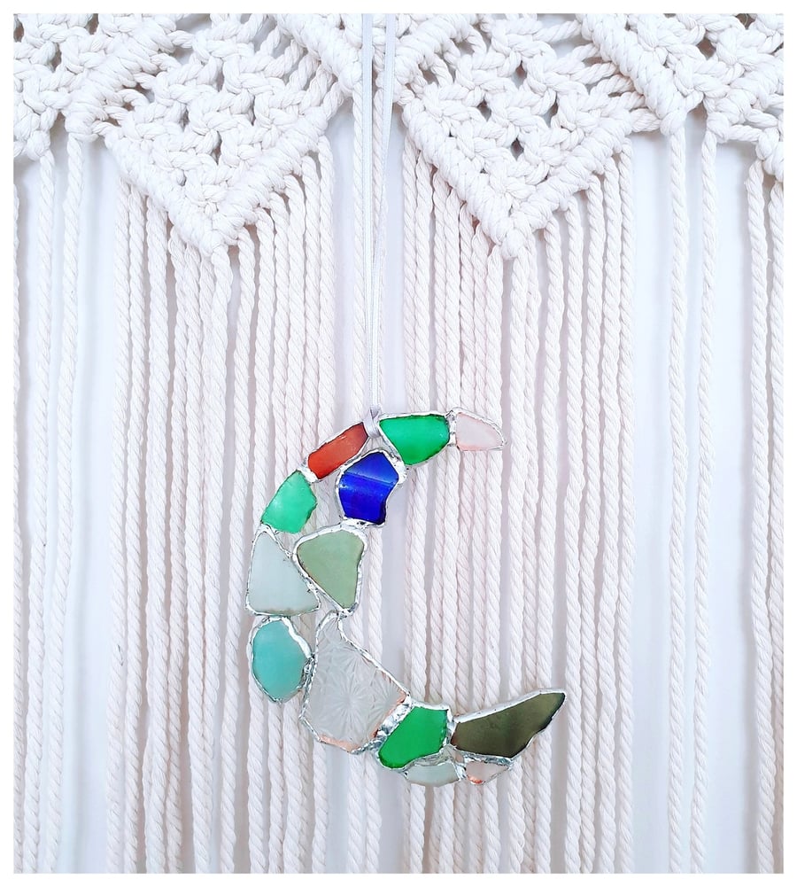 Seaglass bohemian crescent moon suncatcher