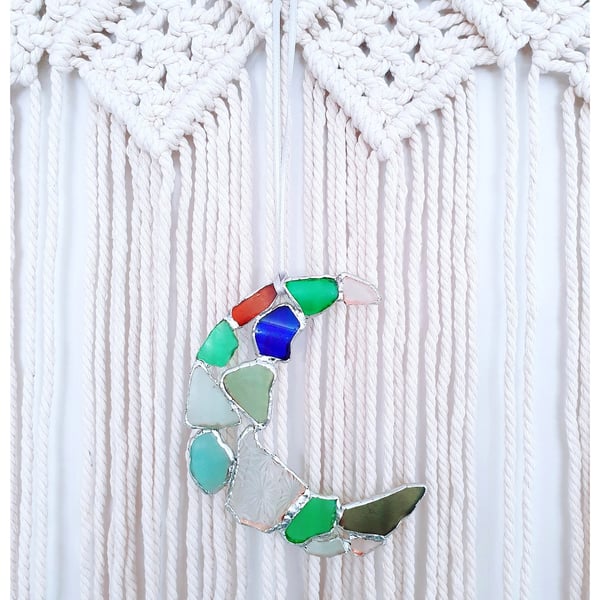 Seaglass bohemian crescent moon suncatcher