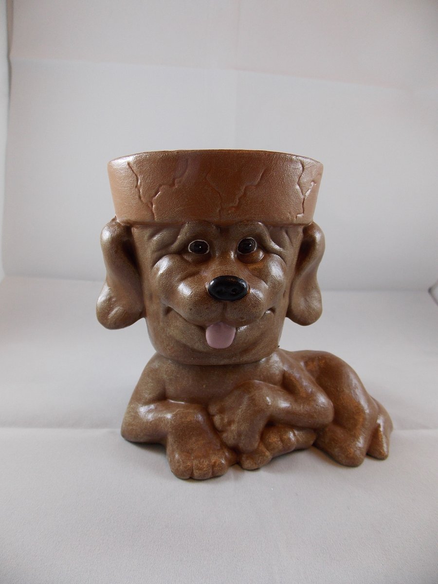 Ceramic Hand Painted Small Brown Dog Animal Flower Herb Plant Pot Candle Holder.