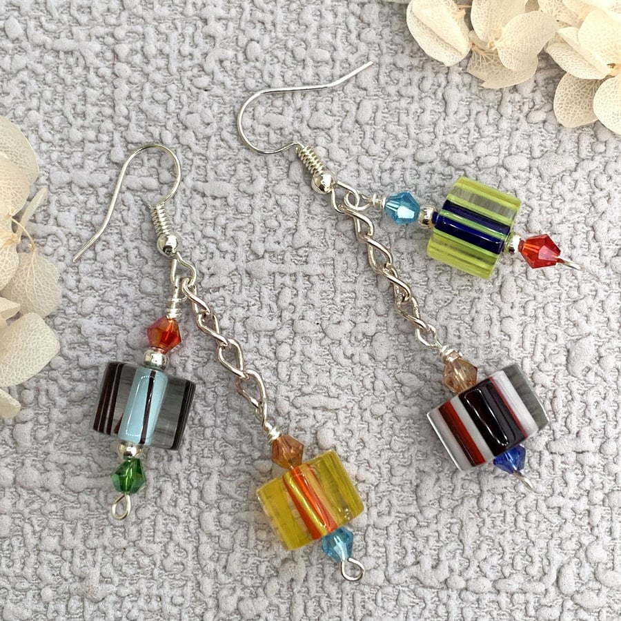 Czech Cane Glass Asymmetric Boho Earrings