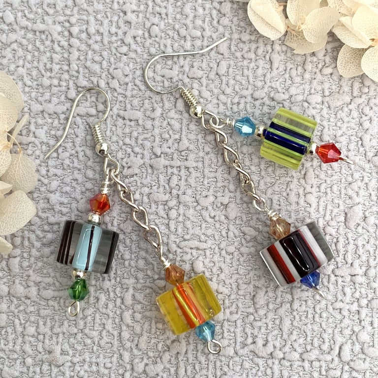 Czech Cane Glass Asymmetric Boho Earrings