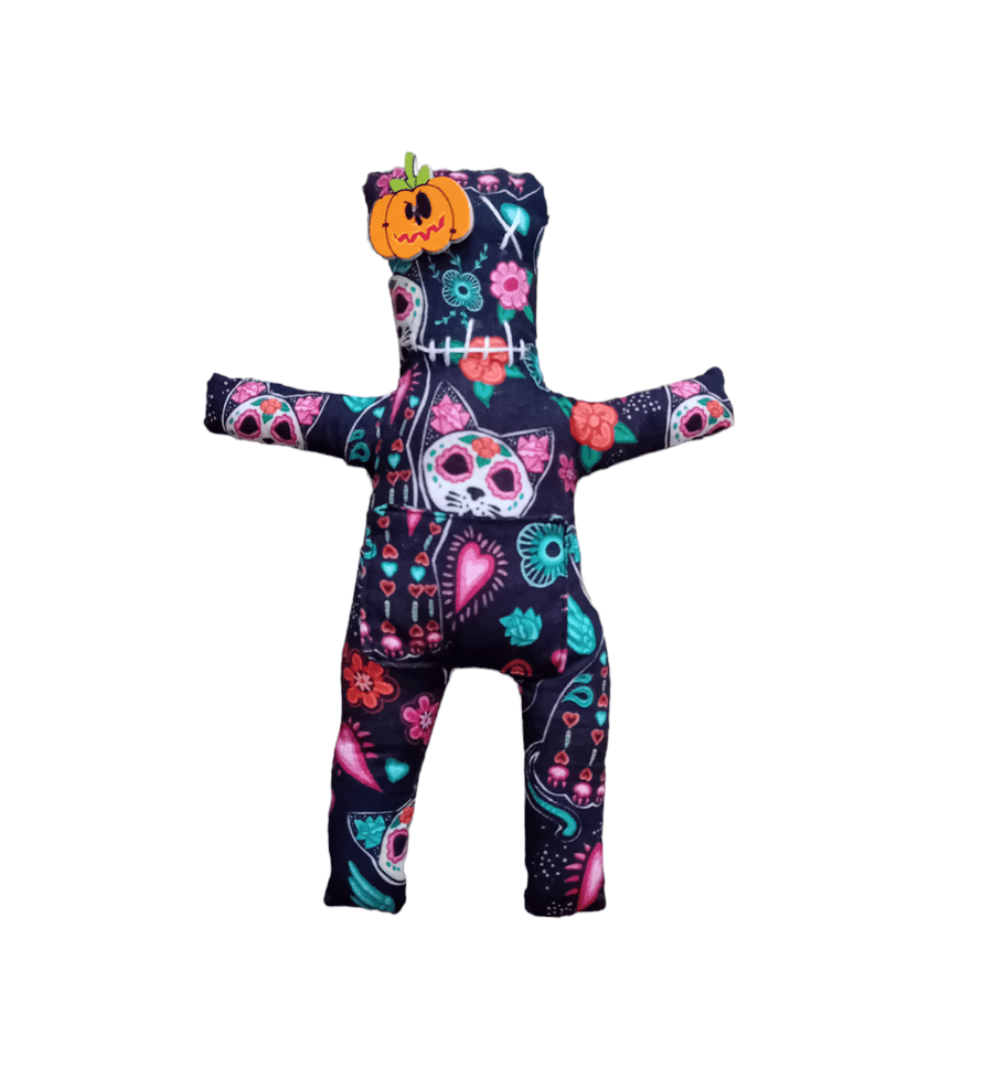 Voodoo style worry doll sugar skull cats