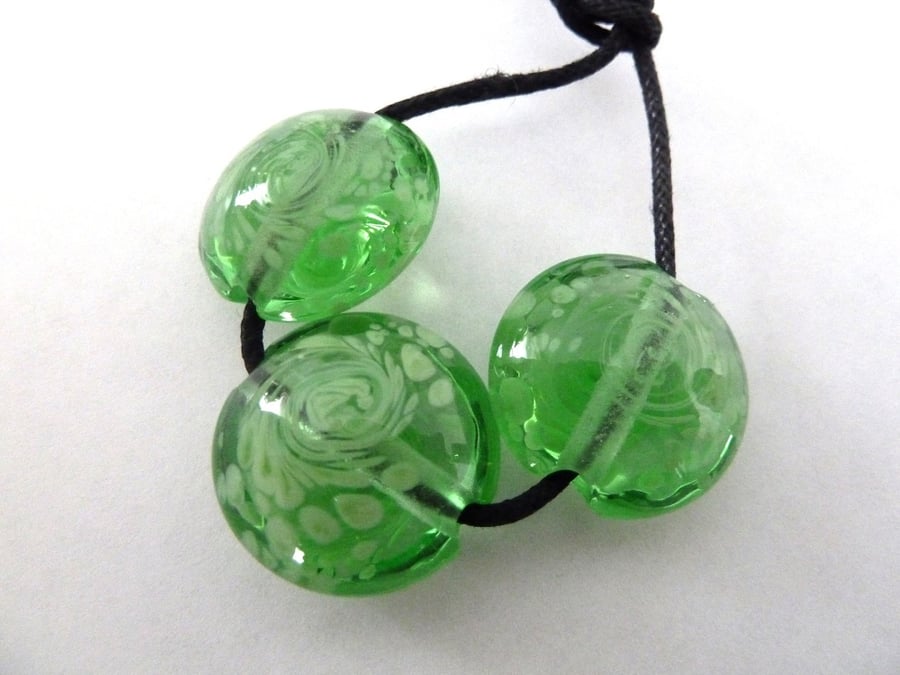 handmade lampwork glass beads, green frit set