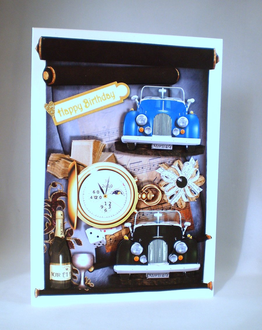 Decoupage, 3D Birthday Card, Old Cars, Personalise, handmade