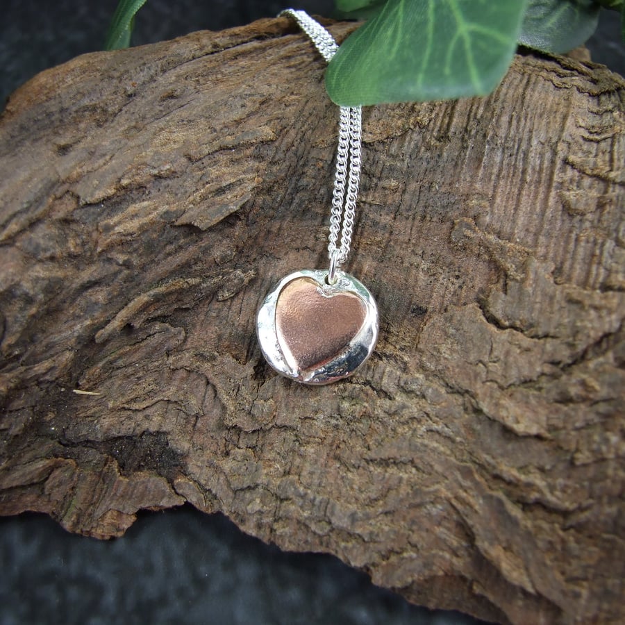 Pendant Necklace, Recyled Silver Nugget with Copper Heart