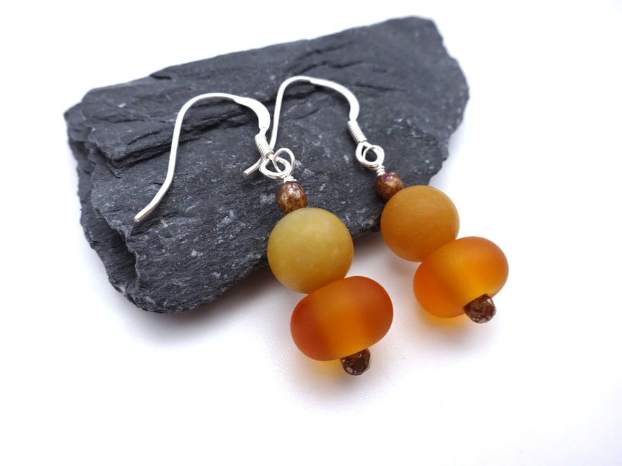 amber lampwork glass yellow jade gemstone earrings