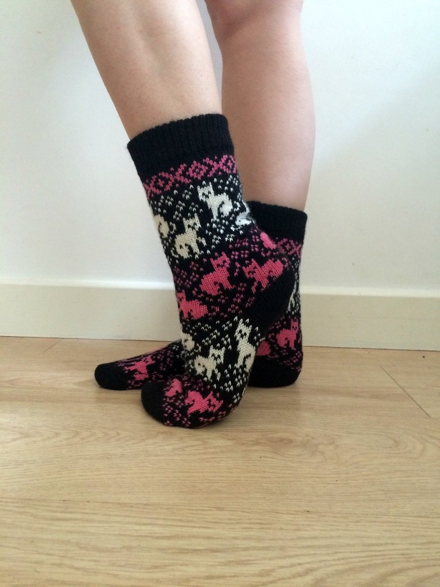 READY TO SHIP Black Wool Socks Cats Kittens White Pink Fair Isle Winter Nordic