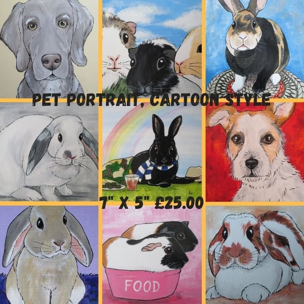 Pet Portrait Cartoon Style 7x5 Cat Dog Rabbit Guinea Pig Hamster Horse Donkey