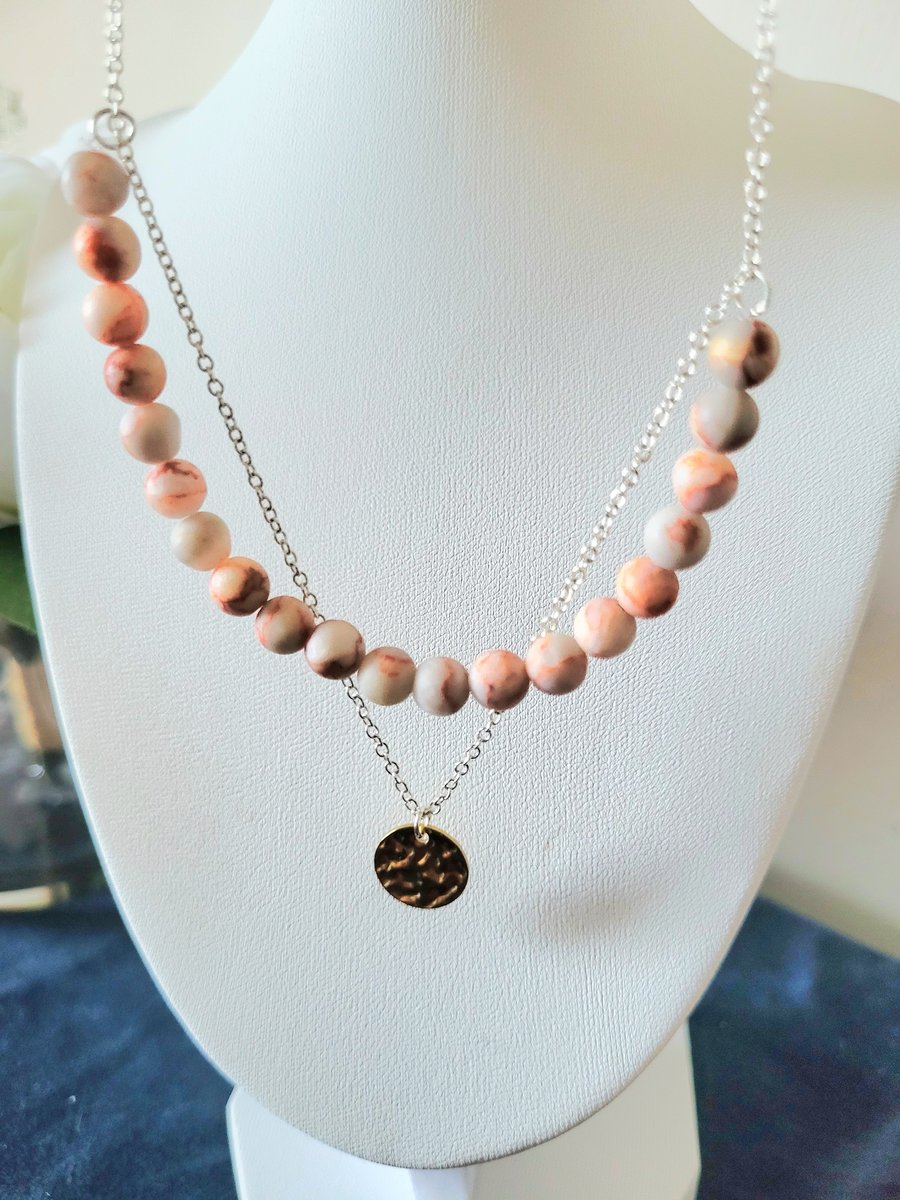 Natural Red Orange Jasper gemstone 18 inch sterling silver necklace 