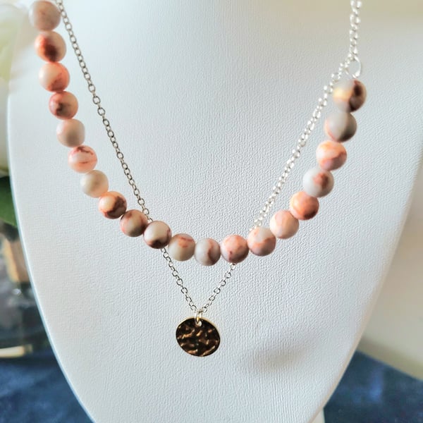 Natural Red Orange Jasper gemstone 18 inch sterling silver necklace 