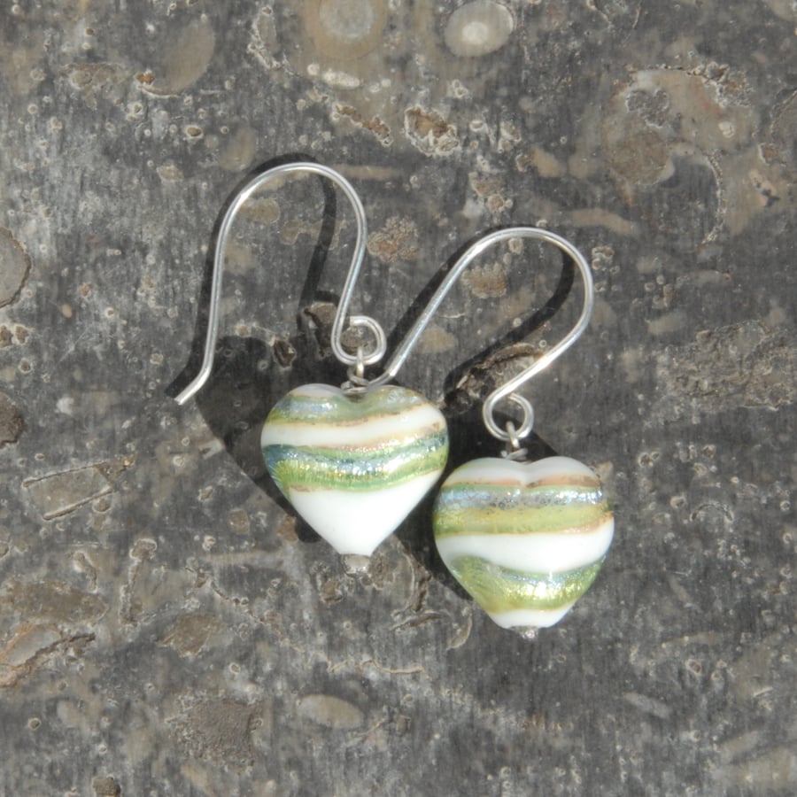 Sterling silver and Murano earrings - white hearts with blue and green swirl